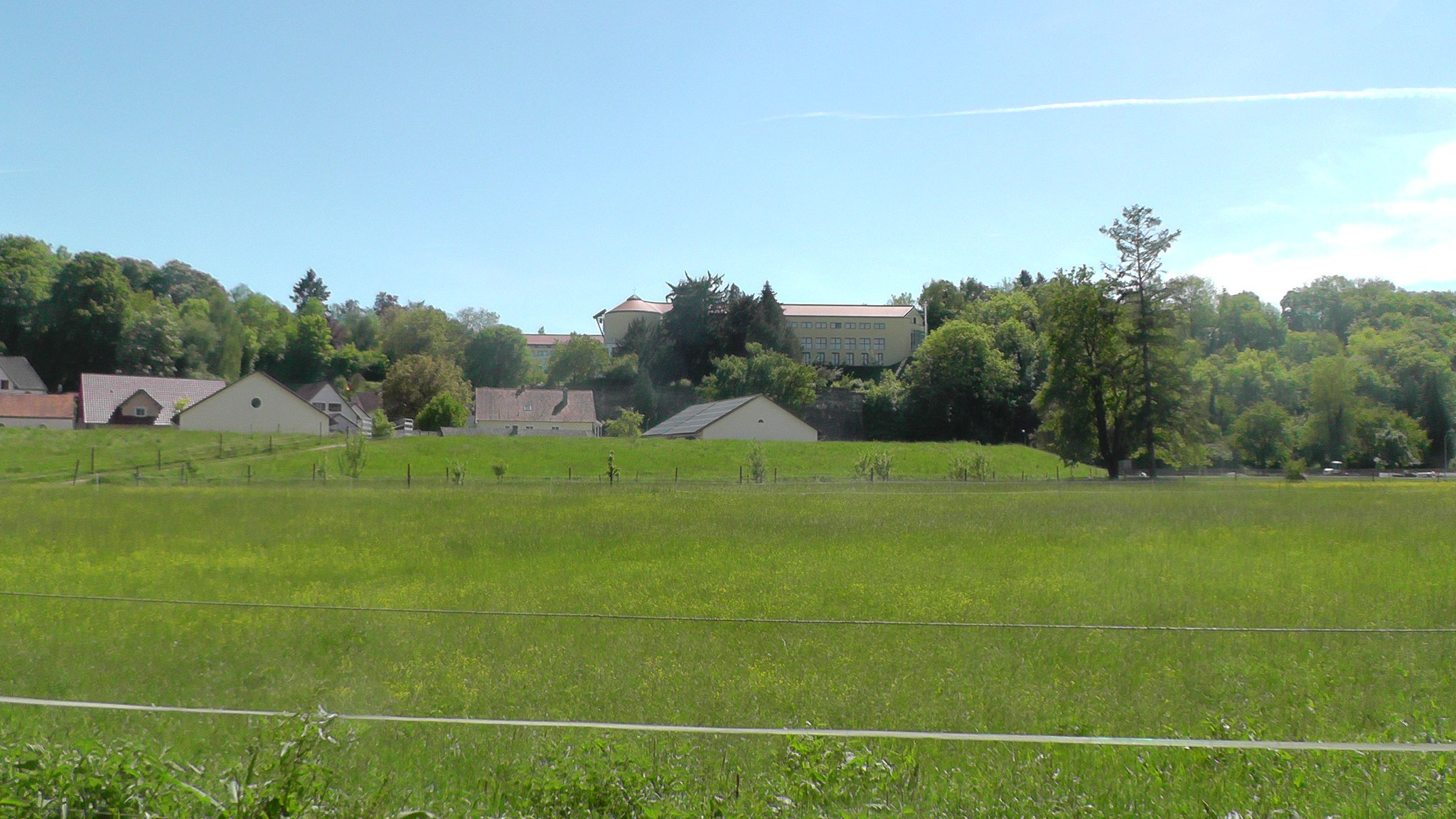 Blick vom Freibad aus über die Pferdekoppeln mit dem Kloster im Hintergrund.